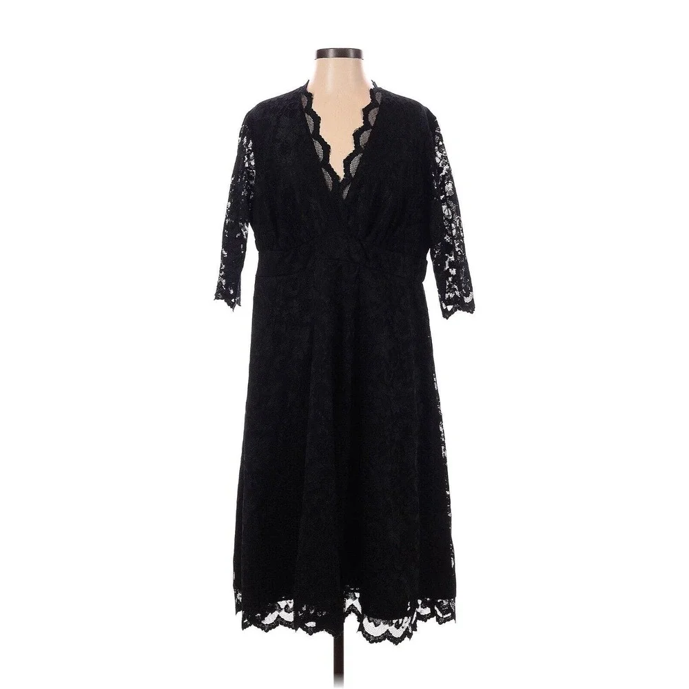 Kiyonna Women Dress Solid Black 1X Scalloped Boudoir Lace Style Lined Sexy Vixen